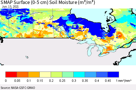 Canada SMAP Surface (0-5 cm) Soil Moisture (m³/m³) Thematic Map For 6/11/2021 - 6/15/2021