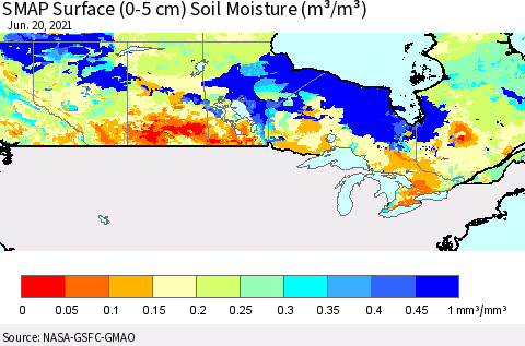 Canada SMAP Surface (0-5 cm) Soil Moisture (m³/m³) Thematic Map For 6/16/2021 - 6/20/2021