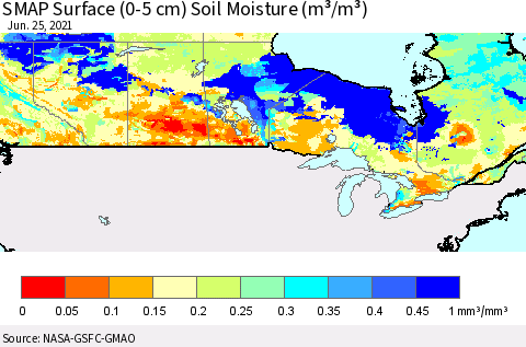 Canada SMAP Surface (0-5 cm) Soil Moisture (m³/m³) Thematic Map For 6/21/2021 - 6/25/2021