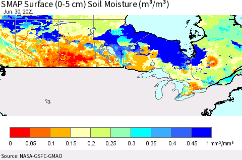 Canada SMAP Surface (0-5 cm) Soil Moisture (m³/m³) Thematic Map For 6/26/2021 - 6/30/2021