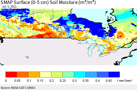 Canada SMAP Surface (0-5 cm) Soil Moisture (m³/m³) Thematic Map For 7/1/2021 - 7/5/2021