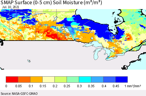 Canada SMAP Surface (0-5 cm) Soil Moisture (m³/m³) Thematic Map For 7/6/2021 - 7/10/2021