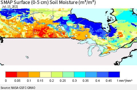 Canada SMAP Surface (0-5 cm) Soil Moisture (m³/m³) Thematic Map For 7/11/2021 - 7/15/2021