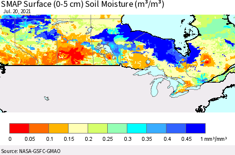 Canada SMAP Surface (0-5 cm) Soil Moisture (m³/m³) Thematic Map For 7/16/2021 - 7/20/2021