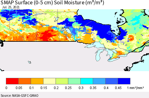 Canada SMAP Surface (0-5 cm) Soil Moisture (m³/m³) Thematic Map For 7/21/2021 - 7/25/2021