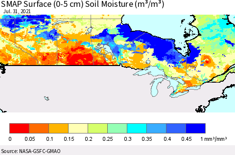 Canada SMAP Surface (0-5 cm) Soil Moisture (m³/m³) Thematic Map For 7/26/2021 - 7/31/2021