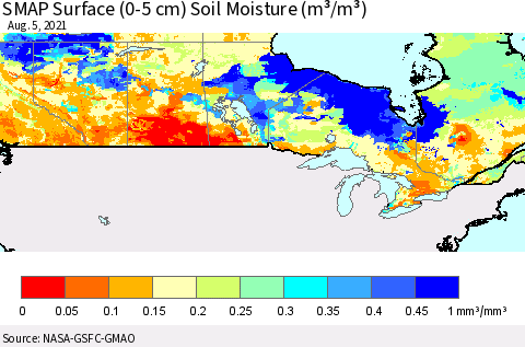 Canada SMAP Surface (0-5 cm) Soil Moisture (m³/m³) Thematic Map For 8/1/2021 - 8/5/2021