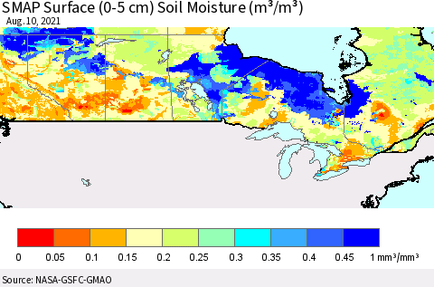 Canada SMAP Surface (0-5 cm) Soil Moisture (m³/m³) Thematic Map For 8/6/2021 - 8/10/2021