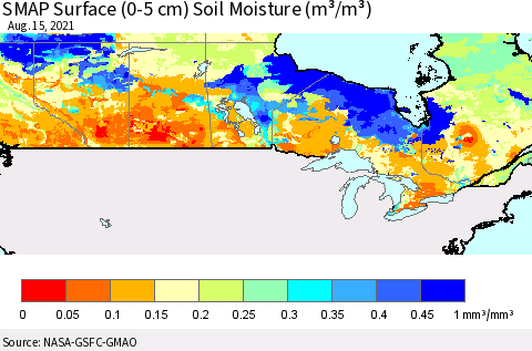 Canada SMAP Surface (0-5 cm) Soil Moisture (m³/m³) Thematic Map For 8/11/2021 - 8/15/2021