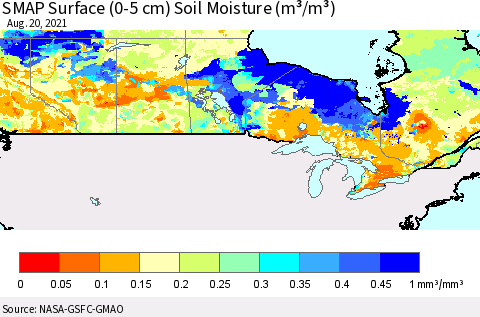 Canada SMAP Surface (0-5 cm) Soil Moisture (m³/m³) Thematic Map For 8/16/2021 - 8/20/2021