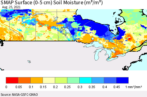 Canada SMAP Surface (0-5 cm) Soil Moisture (m³/m³) Thematic Map For 8/21/2021 - 8/25/2021