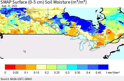 Canada SMAP Surface (0-5 cm) Soil Moisture (m³/m³) Thematic Map For 8/26/2021 - 8/31/2021