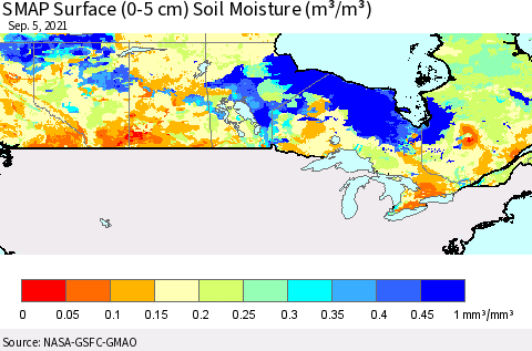 Canada SMAP Surface (0-5 cm) Soil Moisture (m³/m³) Thematic Map For 9/1/2021 - 9/5/2021