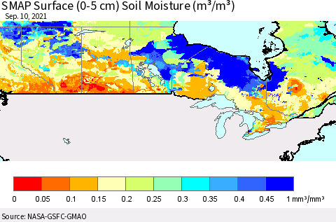Canada SMAP Surface (0-5 cm) Soil Moisture (m³/m³) Thematic Map For 9/6/2021 - 9/10/2021