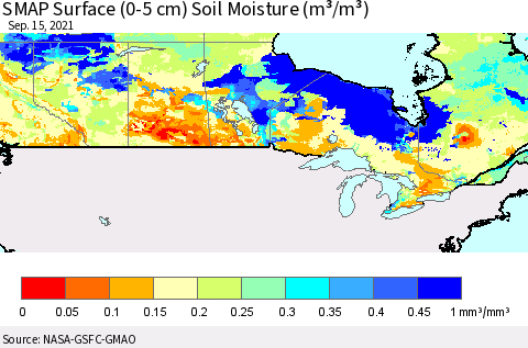 Canada SMAP Surface (0-5 cm) Soil Moisture (m³/m³) Thematic Map For 9/11/2021 - 9/15/2021