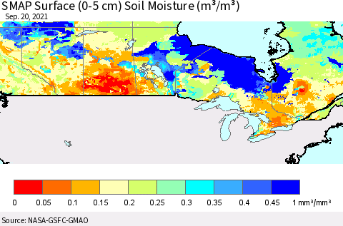 Canada SMAP Surface (0-5 cm) Soil Moisture (m³/m³) Thematic Map For 9/16/2021 - 9/20/2021