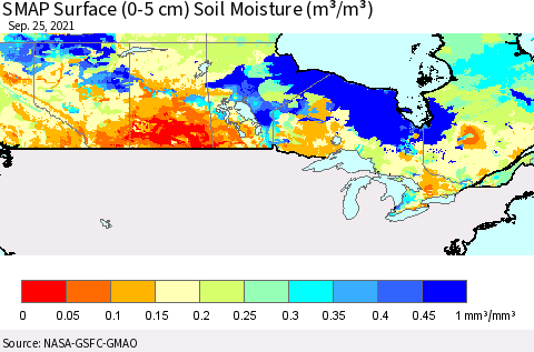 Canada SMAP Surface (0-5 cm) Soil Moisture (m³/m³) Thematic Map For 9/21/2021 - 9/25/2021