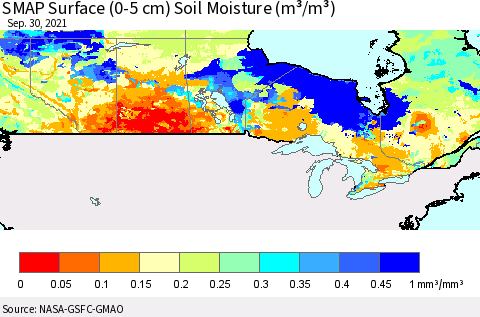 Canada SMAP Surface (0-5 cm) Soil Moisture (m³/m³) Thematic Map For 9/26/2021 - 9/30/2021