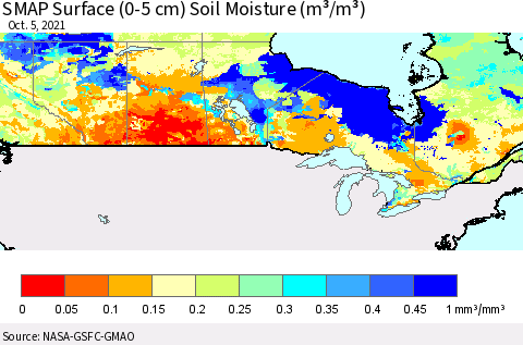 Canada SMAP Surface (0-5 cm) Soil Moisture (m³/m³) Thematic Map For 10/1/2021 - 10/5/2021