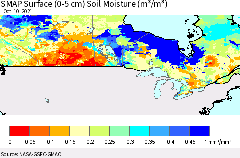Canada SMAP Surface (0-5 cm) Soil Moisture (m³/m³) Thematic Map For 10/6/2021 - 10/10/2021