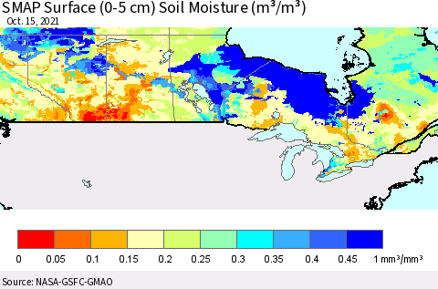 Canada SMAP Surface (0-5 cm) Soil Moisture (m³/m³) Thematic Map For 10/11/2021 - 10/15/2021