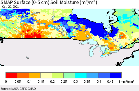 Canada SMAP Surface (0-5 cm) Soil Moisture (m³/m³) Thematic Map For 10/16/2021 - 10/20/2021