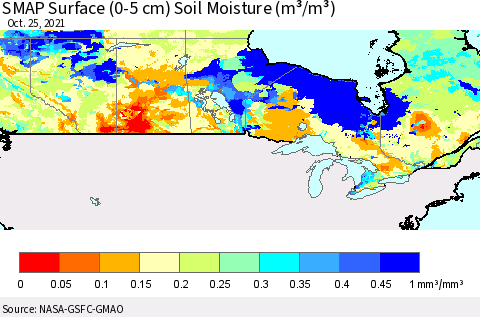 Canada SMAP Surface (0-5 cm) Soil Moisture (m³/m³) Thematic Map For 10/21/2021 - 10/25/2021