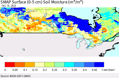 Canada SMAP Surface (0-5 cm) Soil Moisture (m³/m³) Thematic Map For 10/26/2021 - 10/31/2021
