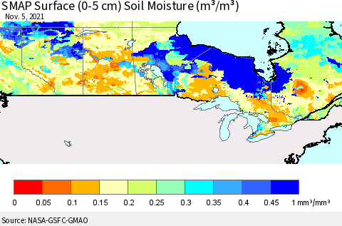Canada SMAP Surface (0-5 cm) Soil Moisture (m³/m³) Thematic Map For 11/1/2021 - 11/5/2021