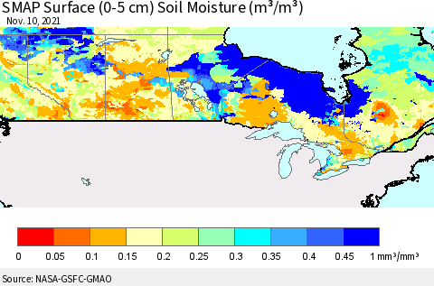 Canada SMAP Surface (0-5 cm) Soil Moisture (m³/m³) Thematic Map For 11/6/2021 - 11/10/2021