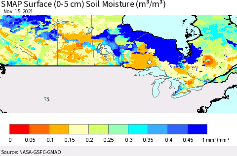 Canada SMAP Surface (0-5 cm) Soil Moisture (m³/m³) Thematic Map For 11/11/2021 - 11/15/2021