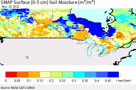 Canada SMAP Surface (0-5 cm) Soil Moisture (m³/m³) Thematic Map For 11/16/2021 - 11/20/2021