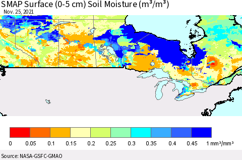 Canada SMAP Surface (0-5 cm) Soil Moisture (m³/m³) Thematic Map For 11/21/2021 - 11/25/2021
