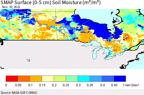 Canada SMAP Surface (0-5 cm) Soil Moisture (m³/m³) Thematic Map For 11/26/2021 - 11/30/2021
