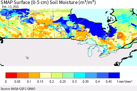 Canada SMAP Surface (0-5 cm) Soil Moisture (m³/m³) Thematic Map For 12/11/2021 - 12/15/2021