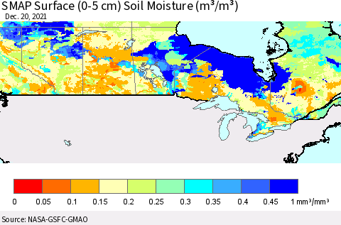 Canada SMAP Surface (0-5 cm) Soil Moisture (m³/m³) Thematic Map For 12/16/2021 - 12/20/2021