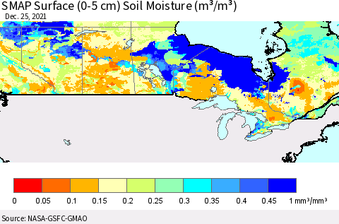Canada SMAP Surface (0-5 cm) Soil Moisture (m³/m³) Thematic Map For 12/21/2021 - 12/25/2021