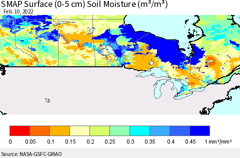 Canada SMAP Surface (0-5 cm) Soil Moisture (m³/m³) Thematic Map For 2/6/2022 - 2/10/2022