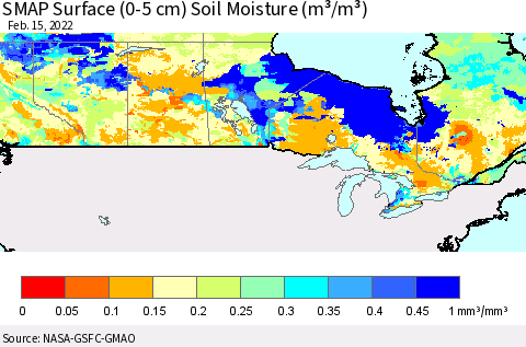 Canada SMAP Surface (0-5 cm) Soil Moisture (m³/m³) Thematic Map For 2/11/2022 - 2/15/2022