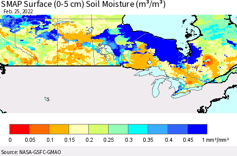 Canada SMAP Surface (0-5 cm) Soil Moisture (m³/m³) Thematic Map For 2/21/2022 - 2/25/2022