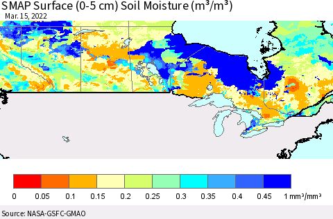 Canada SMAP Surface (0-5 cm) Soil Moisture (m³/m³) Thematic Map For 3/11/2022 - 3/15/2022
