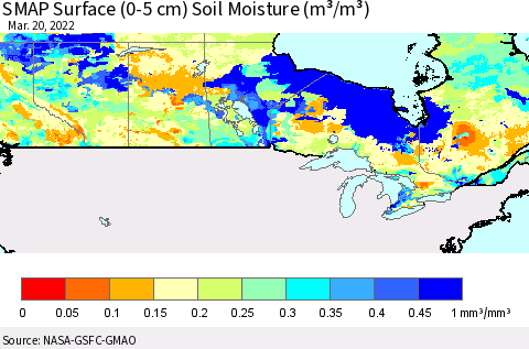 Canada SMAP Surface (0-5 cm) Soil Moisture (m³/m³) Thematic Map For 3/16/2022 - 3/20/2022