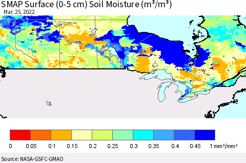 Canada SMAP Surface (0-5 cm) Soil Moisture (m³/m³) Thematic Map For 3/21/2022 - 3/25/2022
