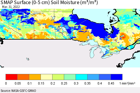 Canada SMAP Surface (0-5 cm) Soil Moisture (m³/m³) Thematic Map For 3/26/2022 - 3/31/2022