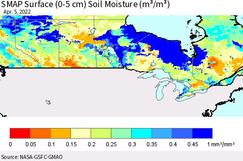 Canada SMAP Surface (0-5 cm) Soil Moisture (m³/m³) Thematic Map For 4/1/2022 - 4/5/2022