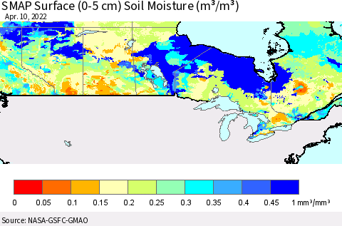 Canada SMAP Surface (0-5 cm) Soil Moisture (m³/m³) Thematic Map For 4/6/2022 - 4/10/2022