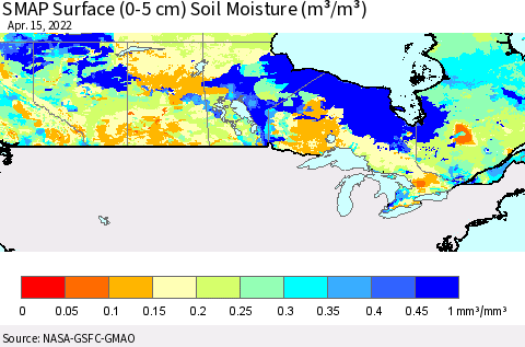 Canada SMAP Surface (0-5 cm) Soil Moisture (m³/m³) Thematic Map For 4/11/2022 - 4/15/2022