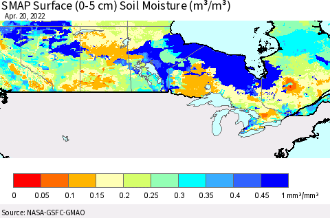 Canada SMAP Surface (0-5 cm) Soil Moisture (m³/m³) Thematic Map For 4/16/2022 - 4/20/2022