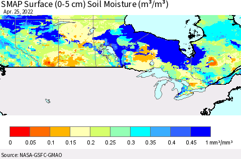Canada SMAP Surface (0-5 cm) Soil Moisture (m³/m³) Thematic Map For 4/21/2022 - 4/25/2022