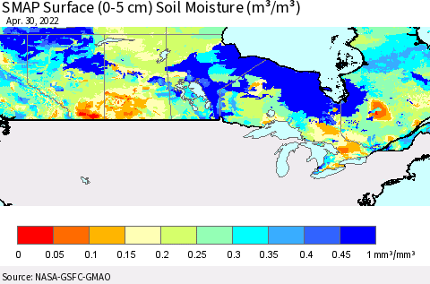 Canada SMAP Surface (0-5 cm) Soil Moisture (m³/m³) Thematic Map For 4/26/2022 - 4/30/2022
